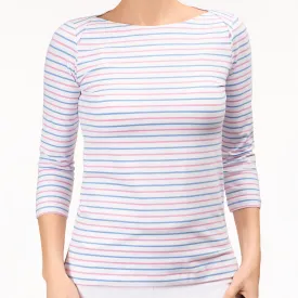 Boat Neck Tee in Blue & Pink Stripes