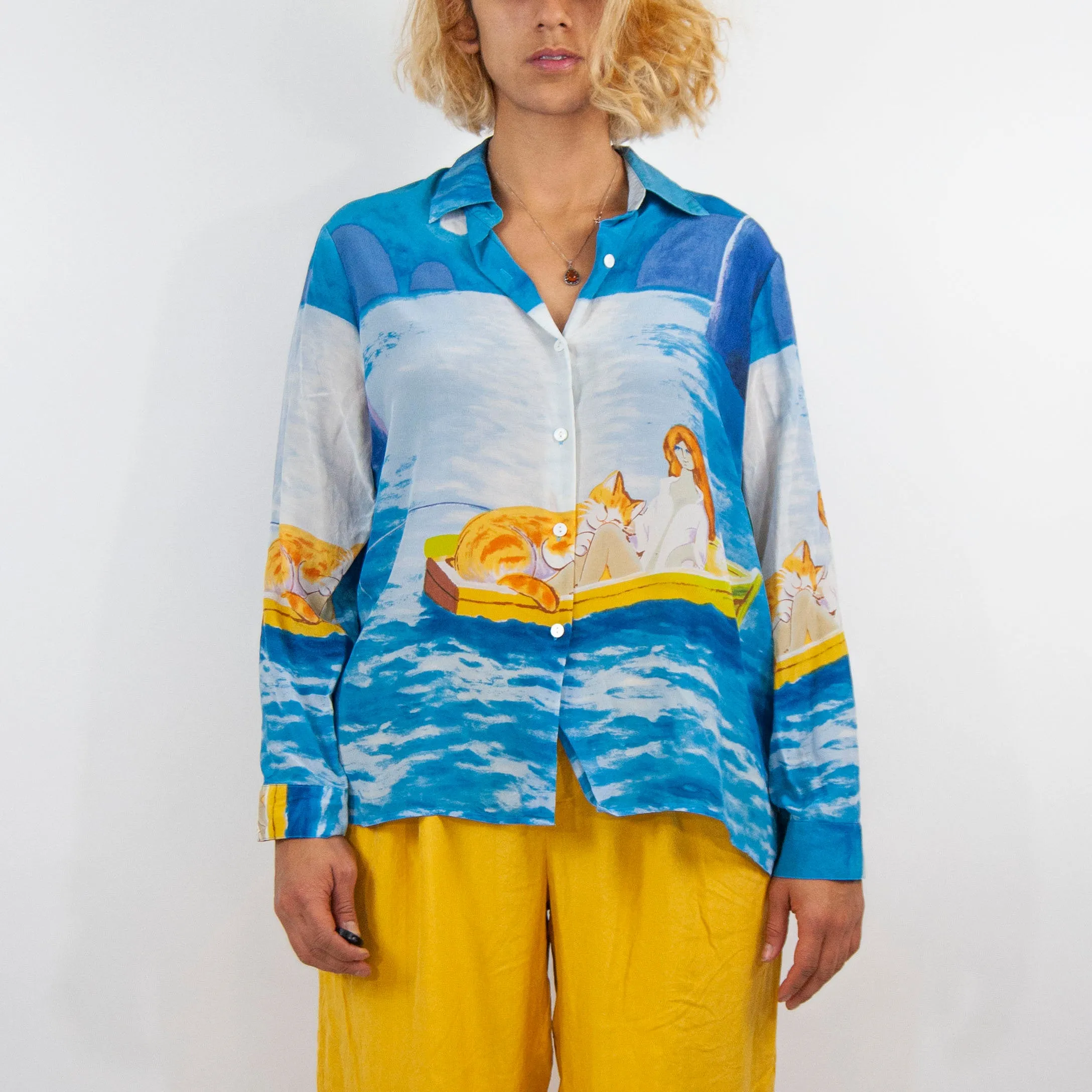 00's Silk Watercolor Long Sleeve Blouse by Michael Leu