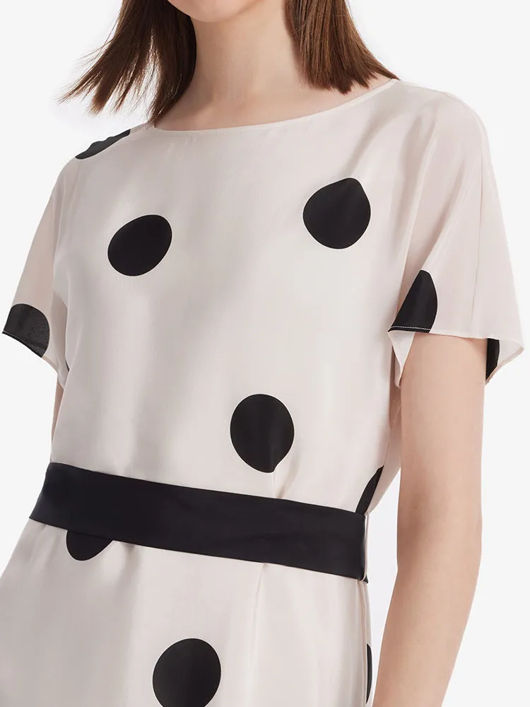 16 Momme Mulberry Silk Boat Neck Polka Dots Printed Women Midi Dress With Belt And Scrunchie