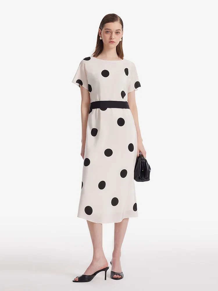 16 Momme Mulberry Silk Boat Neck Polka Dots Printed Women Midi Dress With Belt And Scrunchie