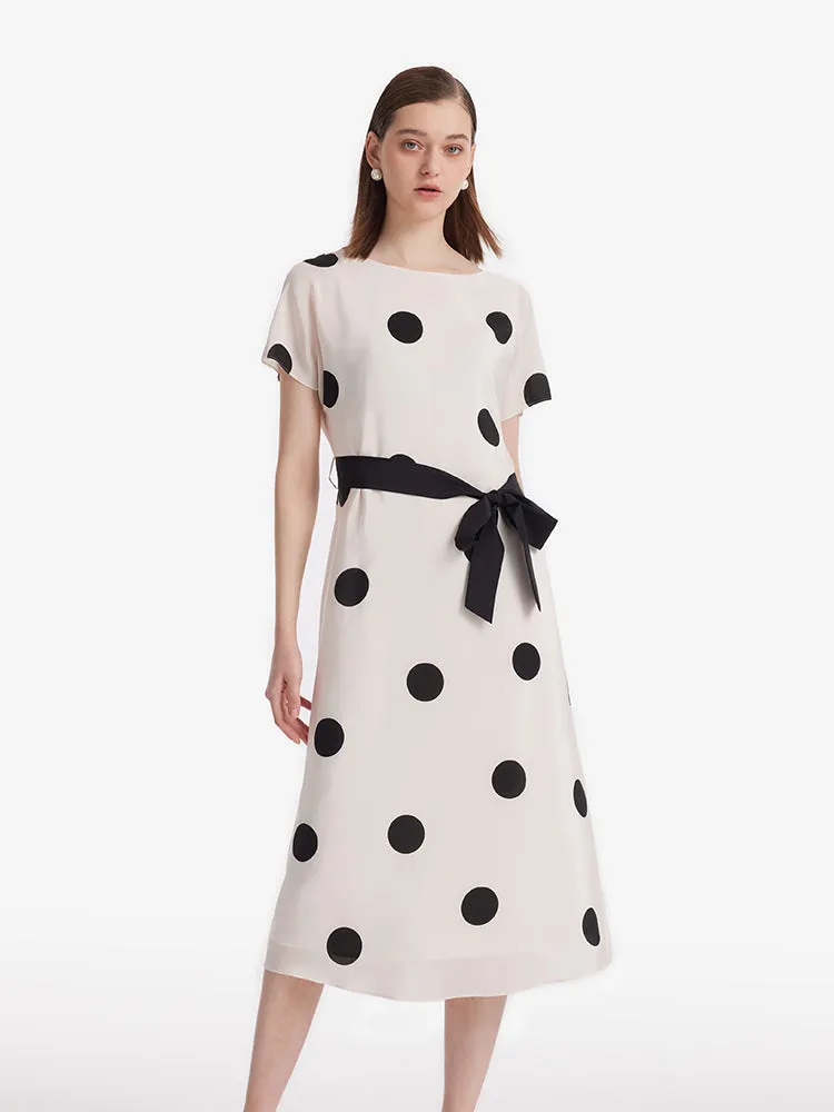 16 Momme Mulberry Silk Boat Neck Polka Dots Printed Women Midi Dress With Belt And Scrunchie