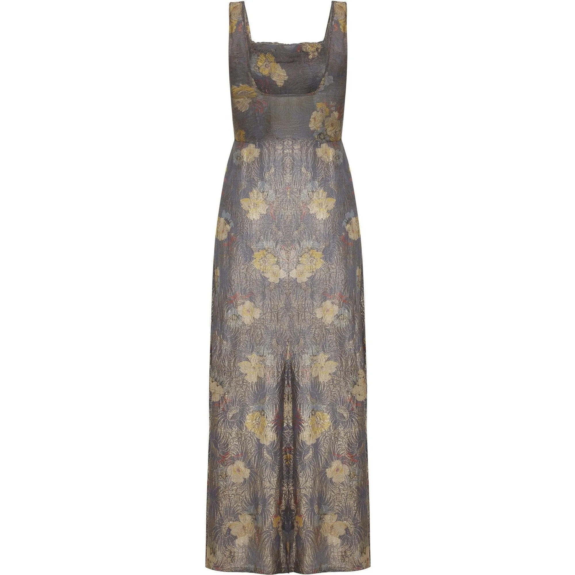 1930s Soft Grey and Gold Lame Floral Print Dress With Empire Waistband