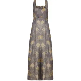 1930s Soft Grey and Gold Lame Floral Print Dress With Empire Waistband