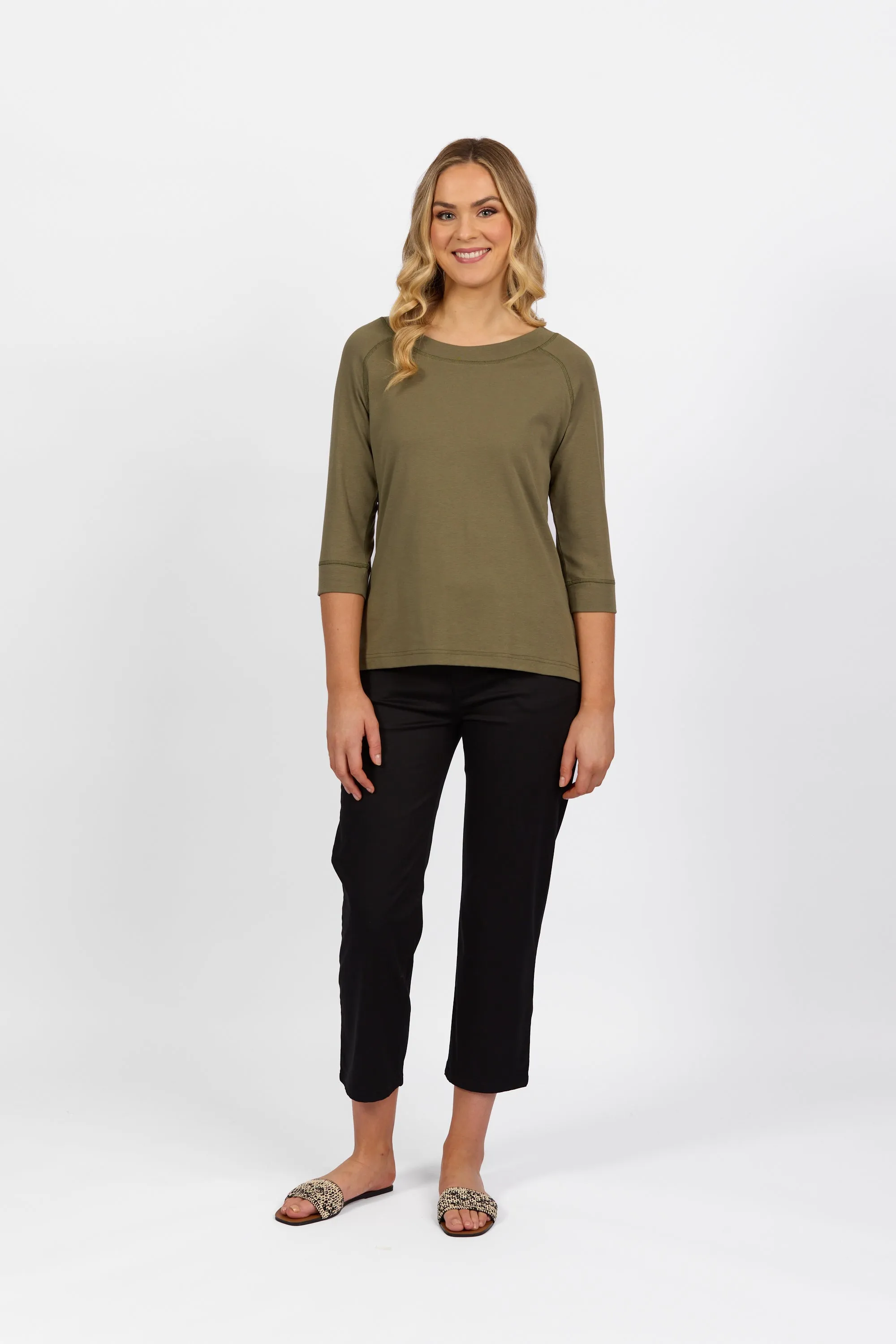 4381 Boat Neck 3/4 Sleeve Top -Olive