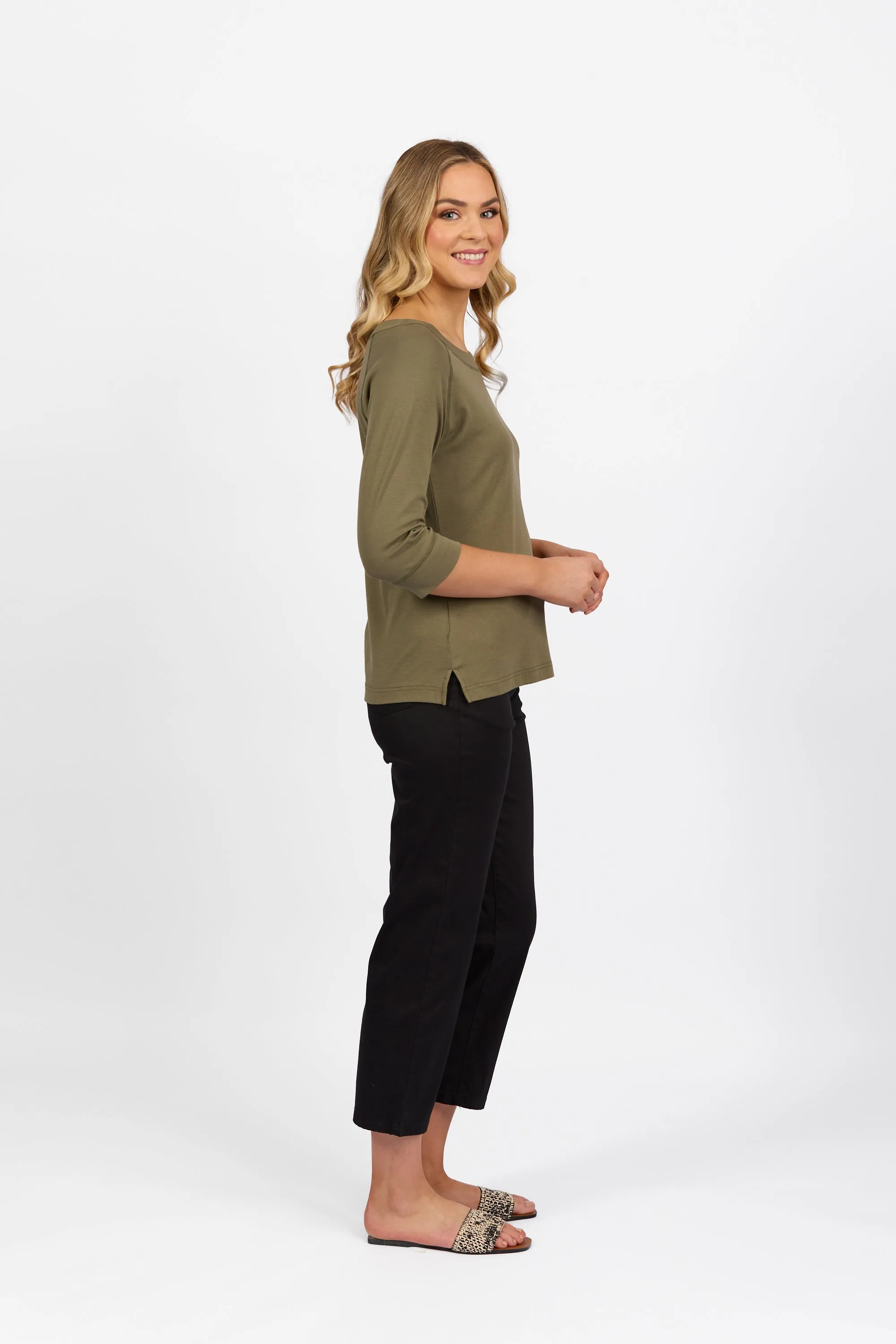 4381 Boat Neck 3/4 Sleeve Top -Olive