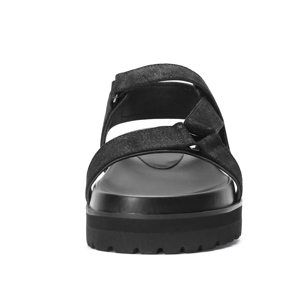 6 CM / 2.36 Inches Taller - CMR CHAMARIPA Elevator Sandals Black Leather Height Increasing Slipper Fashion Casual Slip On Elevator Shoes