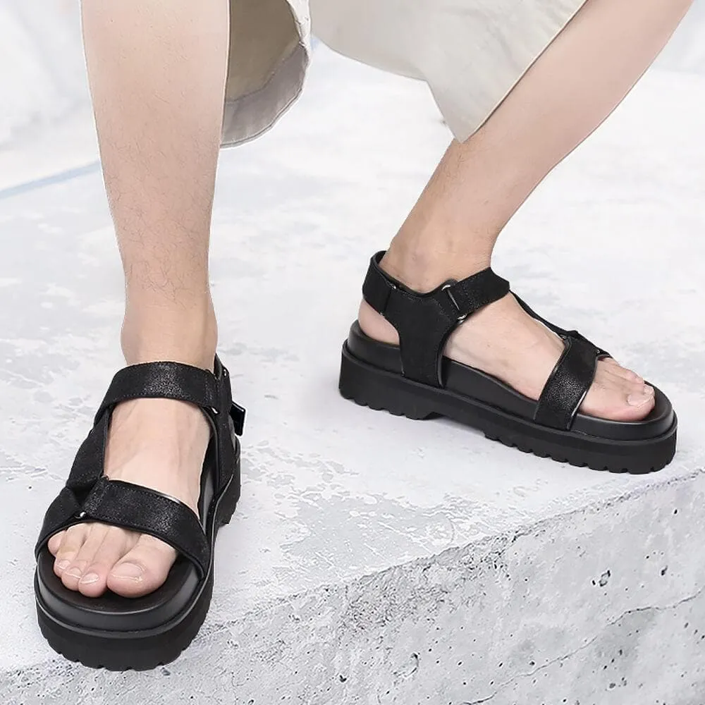 6 CM / 2.36 Inches Taller - CMR CHAMARIPA Elevator Sandals Black Leather Height Increasing Slipper Fashion Casual Slip On Elevator Shoes