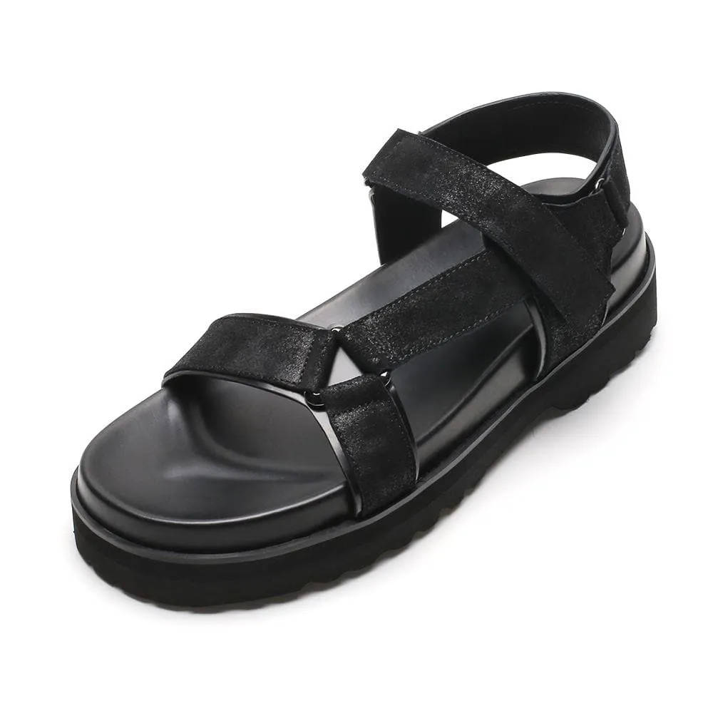 6 CM / 2.36 Inches Taller - CMR CHAMARIPA Elevator Sandals Black Leather Height Increasing Slipper Fashion Casual Slip On Elevator Shoes