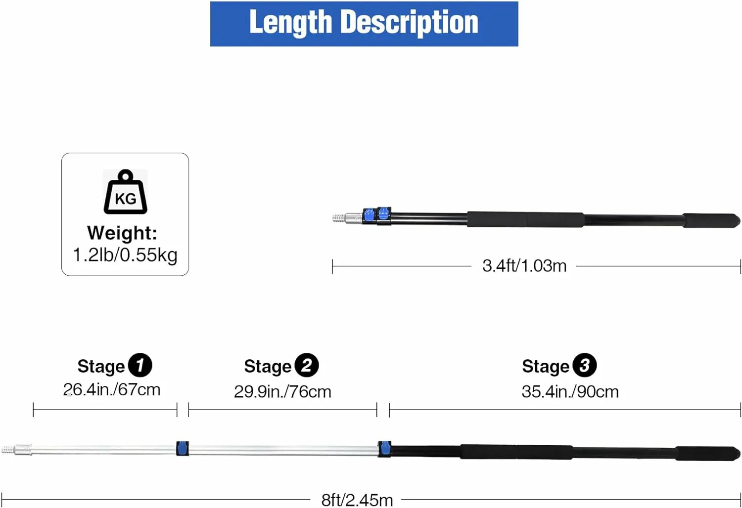 8ft/12ft Aluminum Extendable Telescopic Boat Hook For Docking, Black/Silver