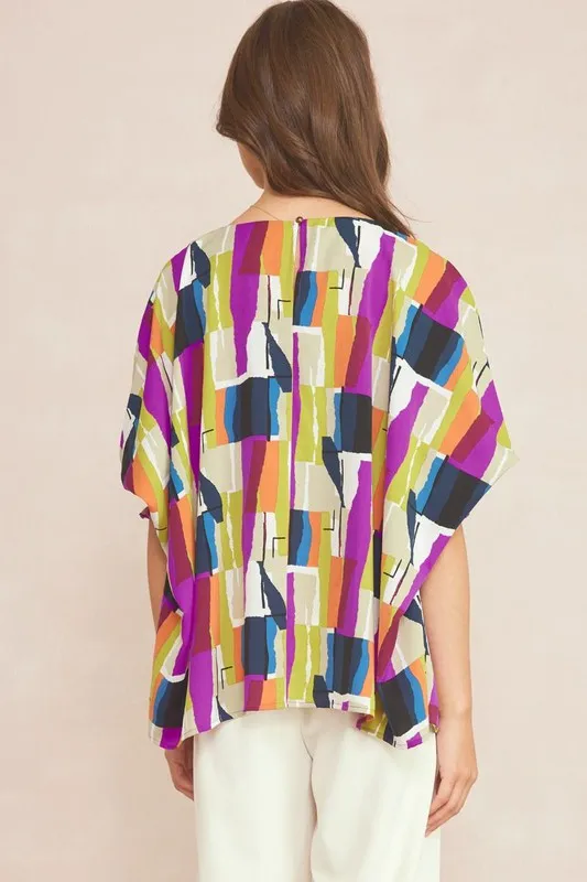 ABSTRACT BOAT NECK OVERSIZED BLOUSE WITH SMOCKED SLEEVE