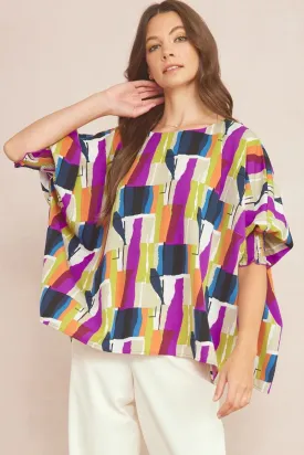 ABSTRACT BOAT NECK OVERSIZED BLOUSE WITH SMOCKED SLEEVE