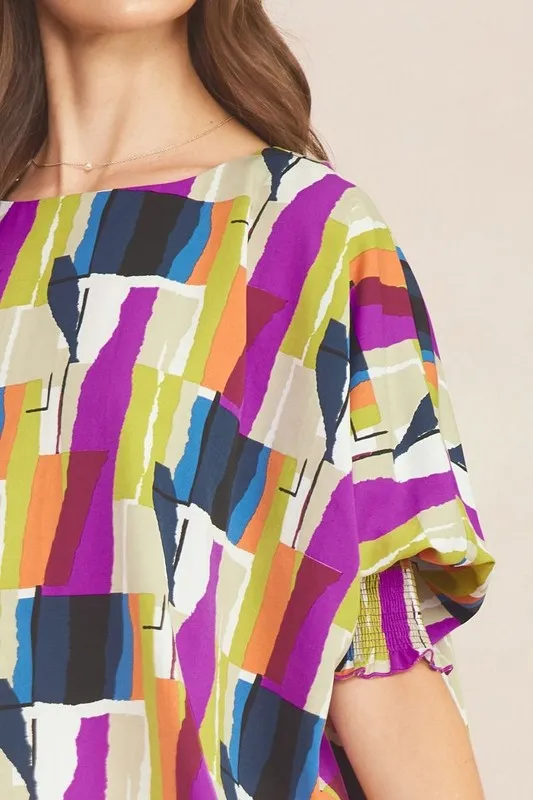 ABSTRACT BOAT NECK OVERSIZED BLOUSE WITH SMOCKED SLEEVE