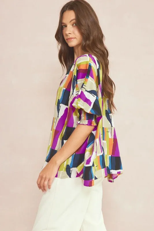 ABSTRACT BOAT NECK OVERSIZED BLOUSE WITH SMOCKED SLEEVE