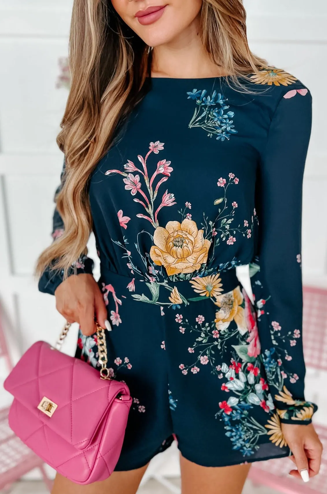 Always A Lady Floral Open Back Romper (Navy Multi)