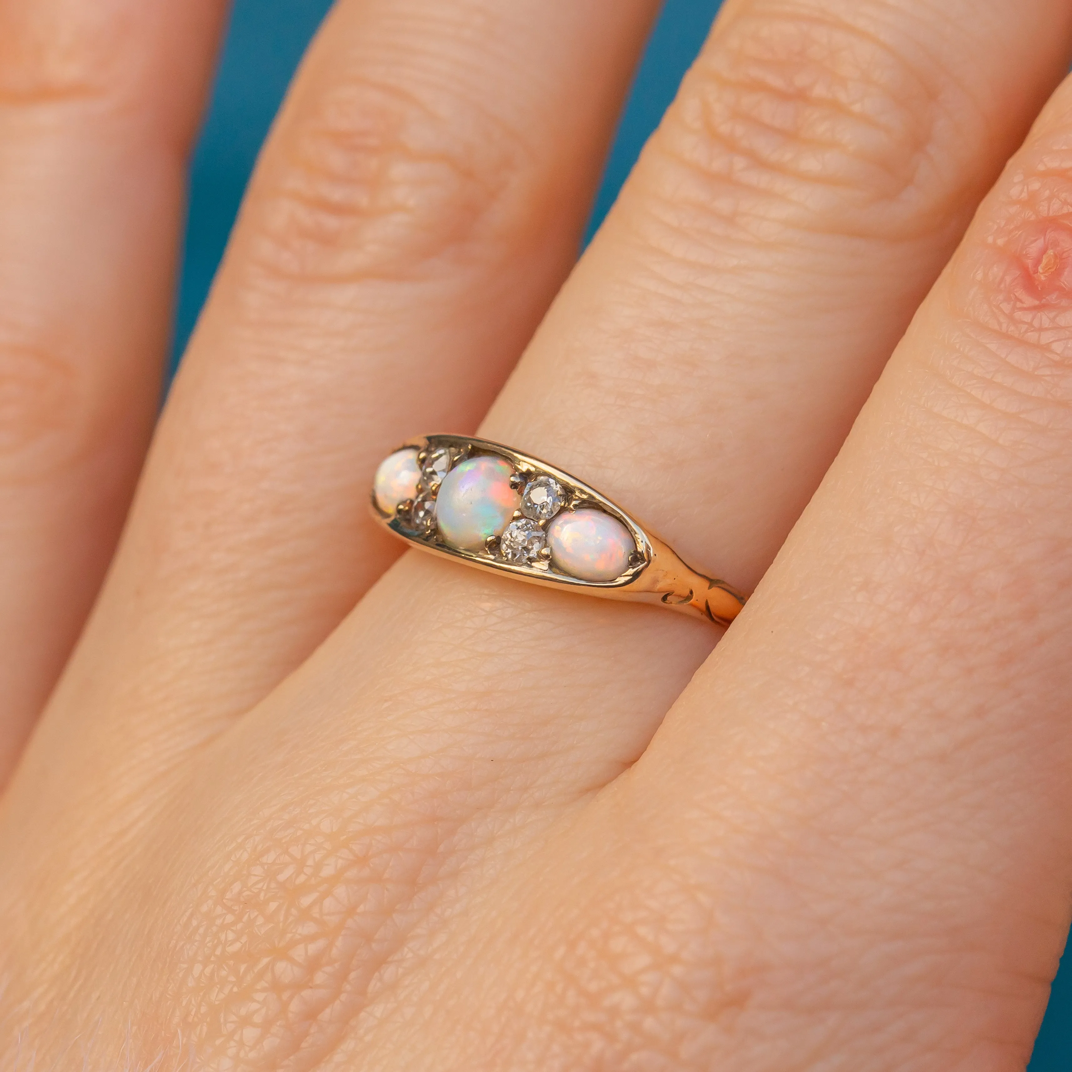 Antique 18ct Gold Opal Diamond Boat Ring