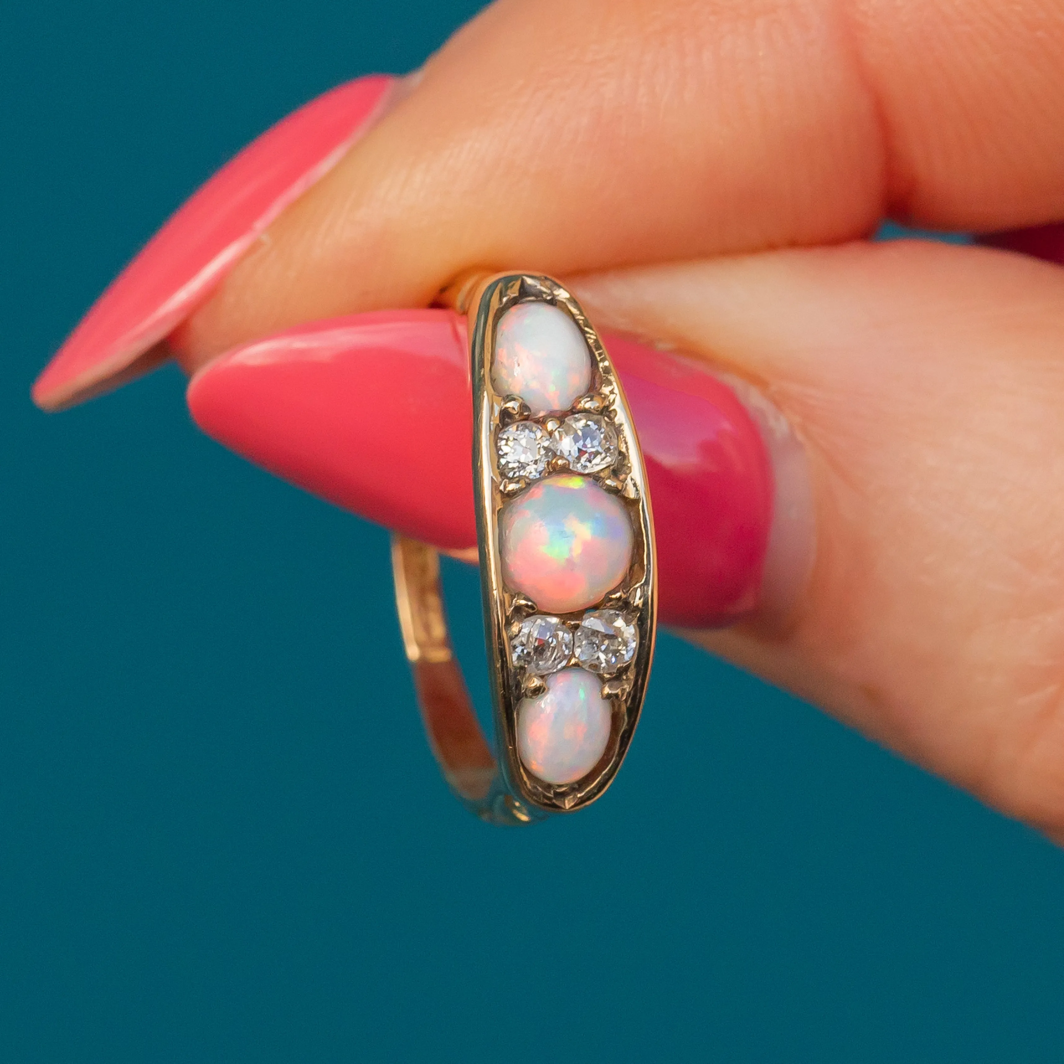 Antique 18ct Gold Opal Diamond Boat Ring