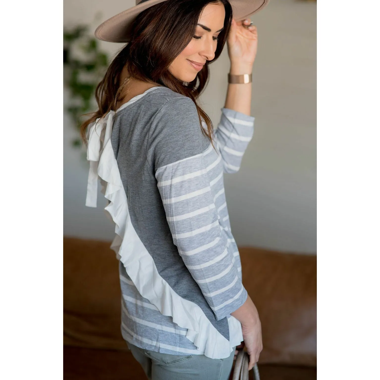 Back Ruffle Tie Striped Tee