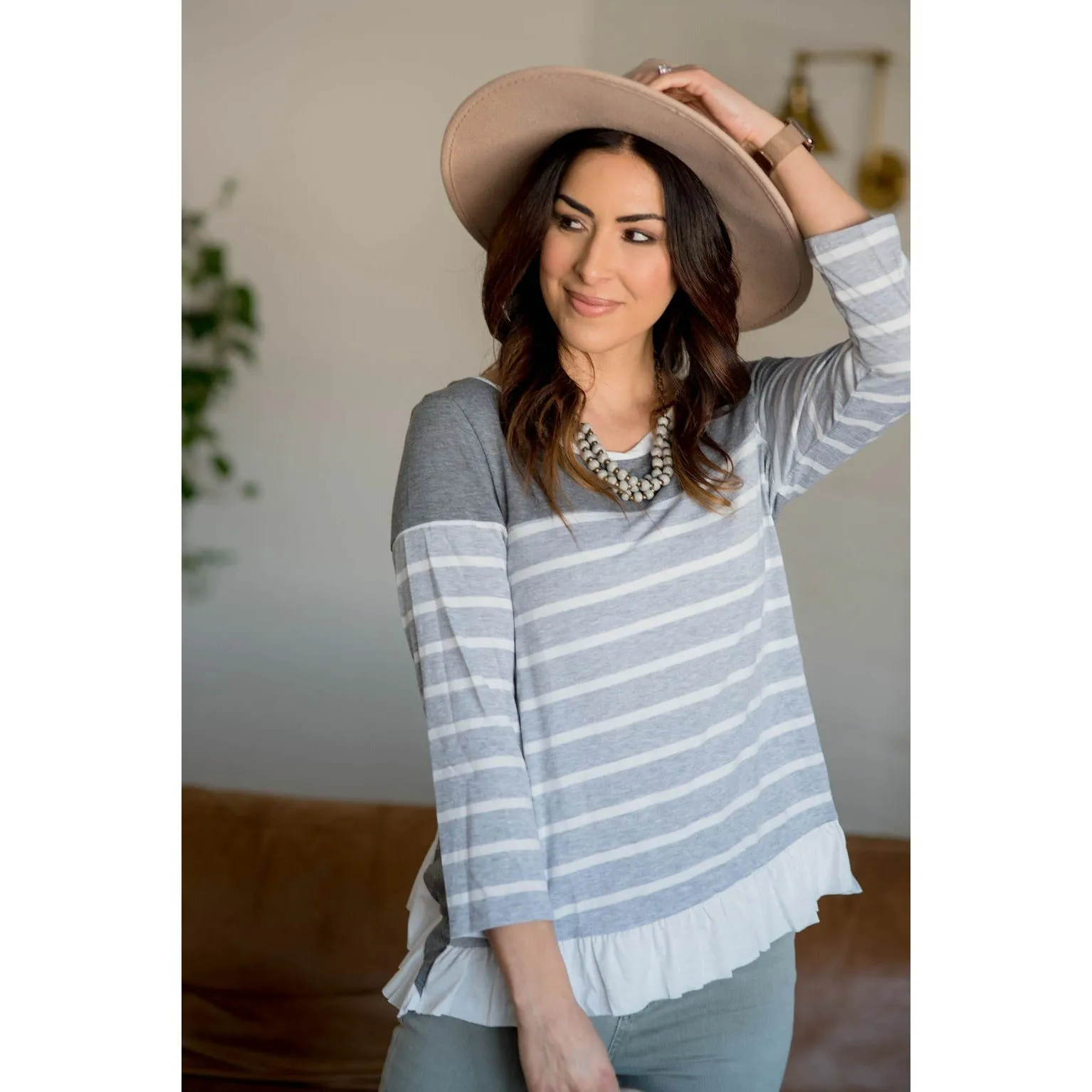 Back Ruffle Tie Striped Tee