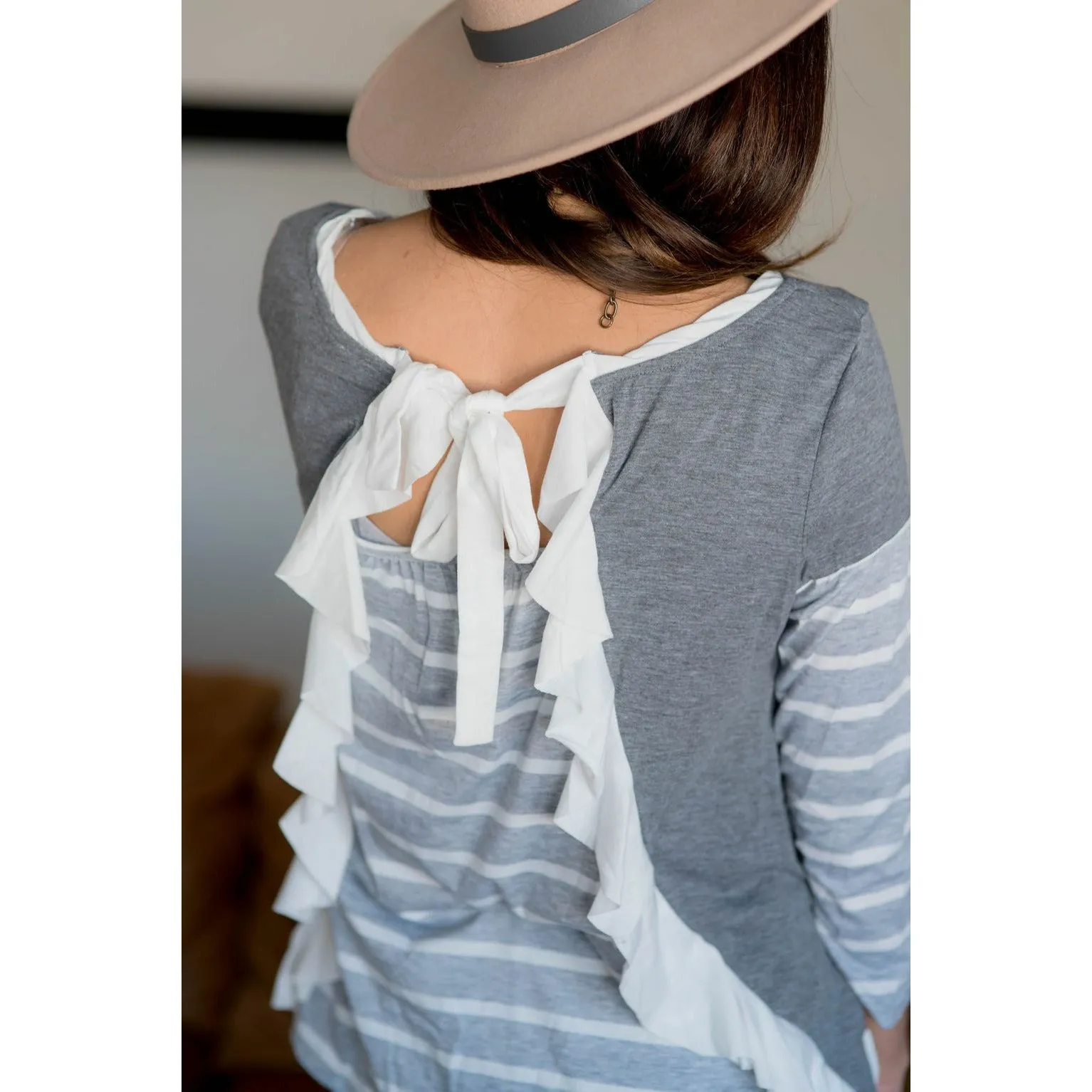 Back Ruffle Tie Striped Tee