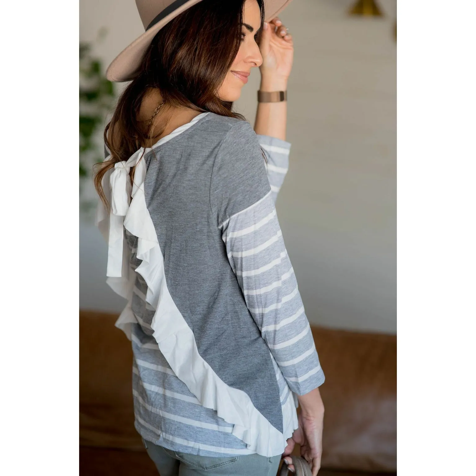 Back Ruffle Tie Striped Tee