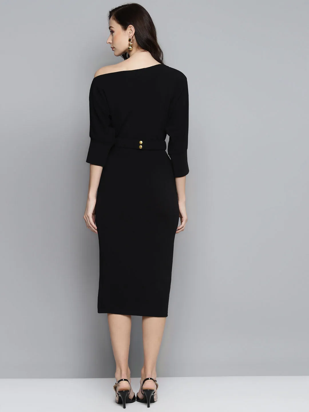 Black Belted Drop Shoulder Midi Dress