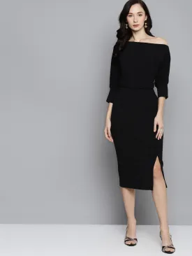 Black Belted Drop Shoulder Midi Dress