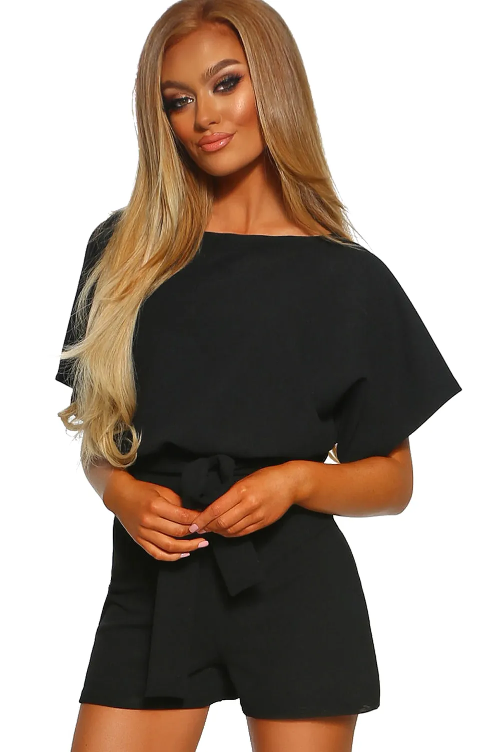 Black Belted Short Sleeves Playsuit