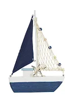 BLUE RESIN SAIL BOAT SCULPTURE WITH NETTING AND STARFISH DETAILS