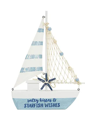 BLUE RESIN SAIL BOAT SCULPTURE WITH NETTING AND STARFISH DETAILS