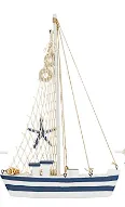 BLUE RESIN SAIL BOAT SCULPTURE WITH NETTING AND STARFISH DETAILS