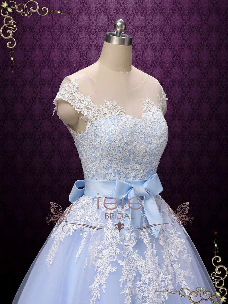 Blue Retro Tea Length Wedding Dress with Illusion Neckline ROSALIE