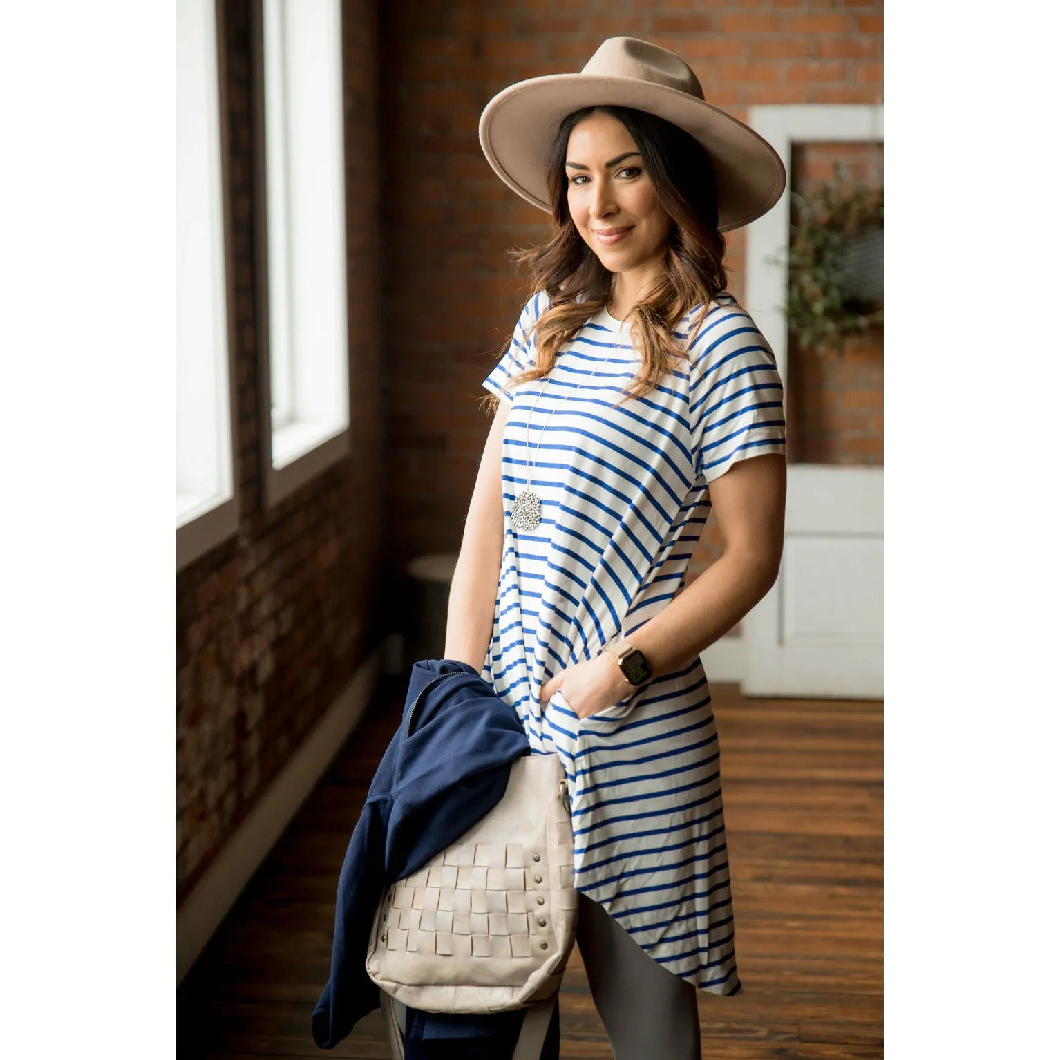 Blue Striped Tunic Pocket Dress