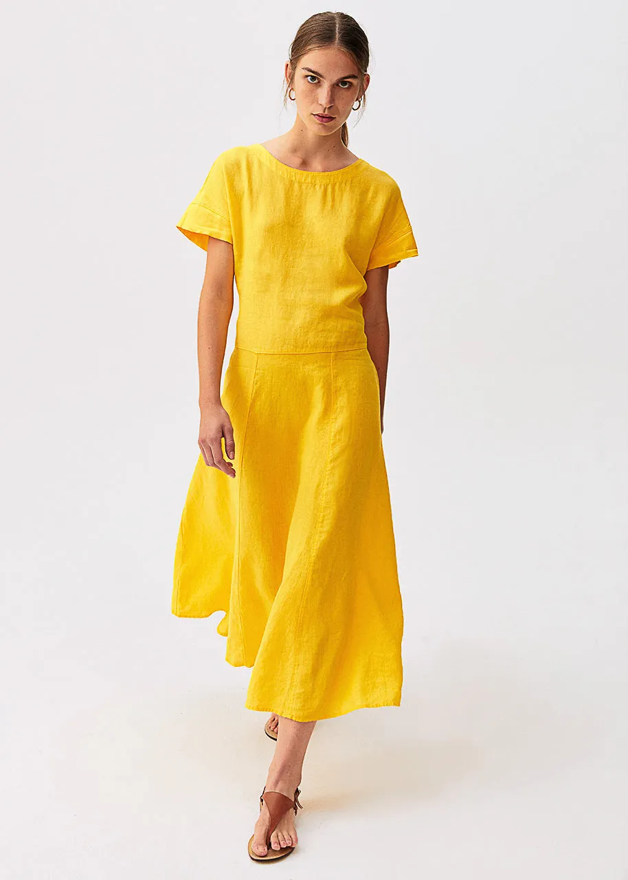 Boat Neck Linen Dress - Blue