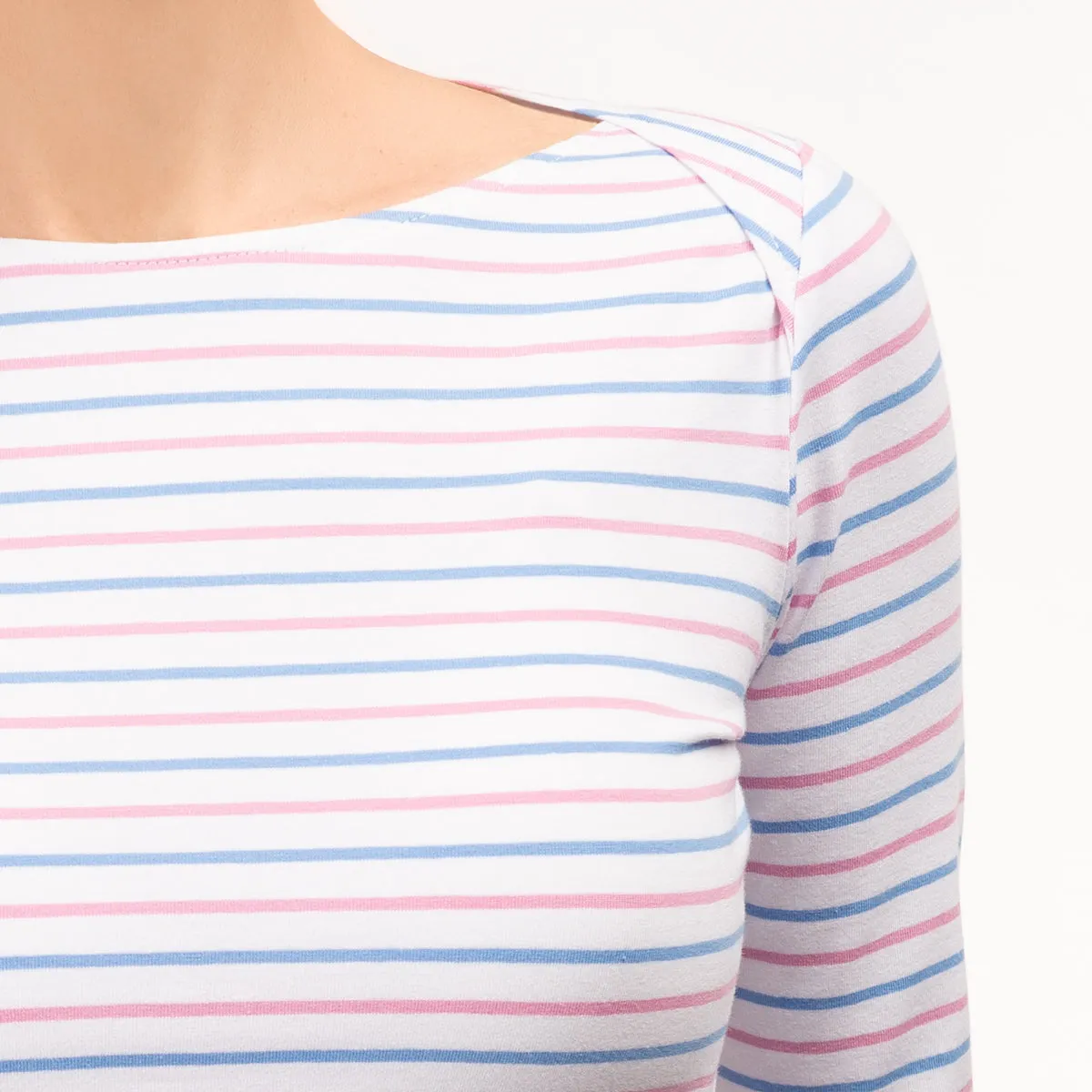 Boat Neck Tee in Blue & Pink Stripes