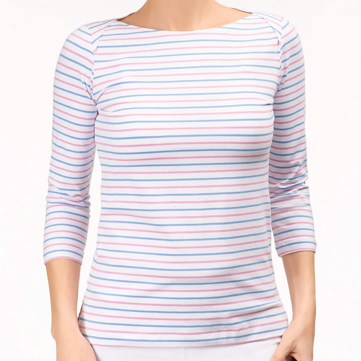 Boat Neck Tee in Blue & Pink Stripes