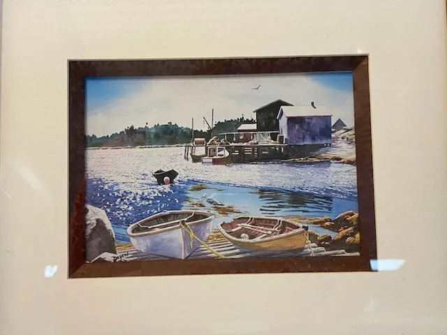 Brown wood frame wall art, 12.5" x 10.5" , boat and water scene