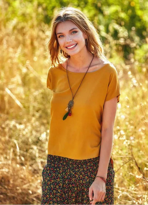 Casual Yellow Blouse with Boat Neck Button Detail