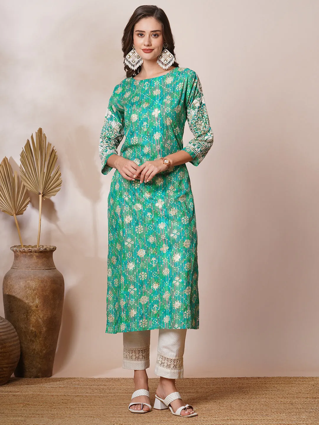 Chikankari Embroidered & Ethnic Foil Printed Straight Fit Kurta - Multi