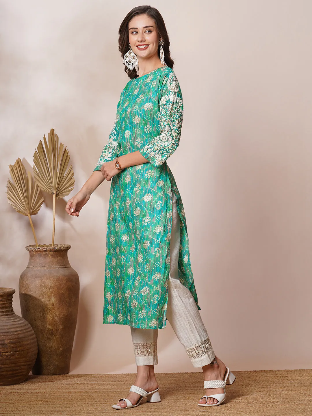 Chikankari Embroidered & Ethnic Foil Printed Straight Fit Kurta - Multi