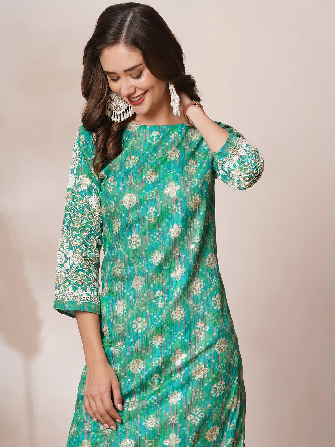 Chikankari Embroidered & Ethnic Foil Printed Straight Fit Kurta - Multi