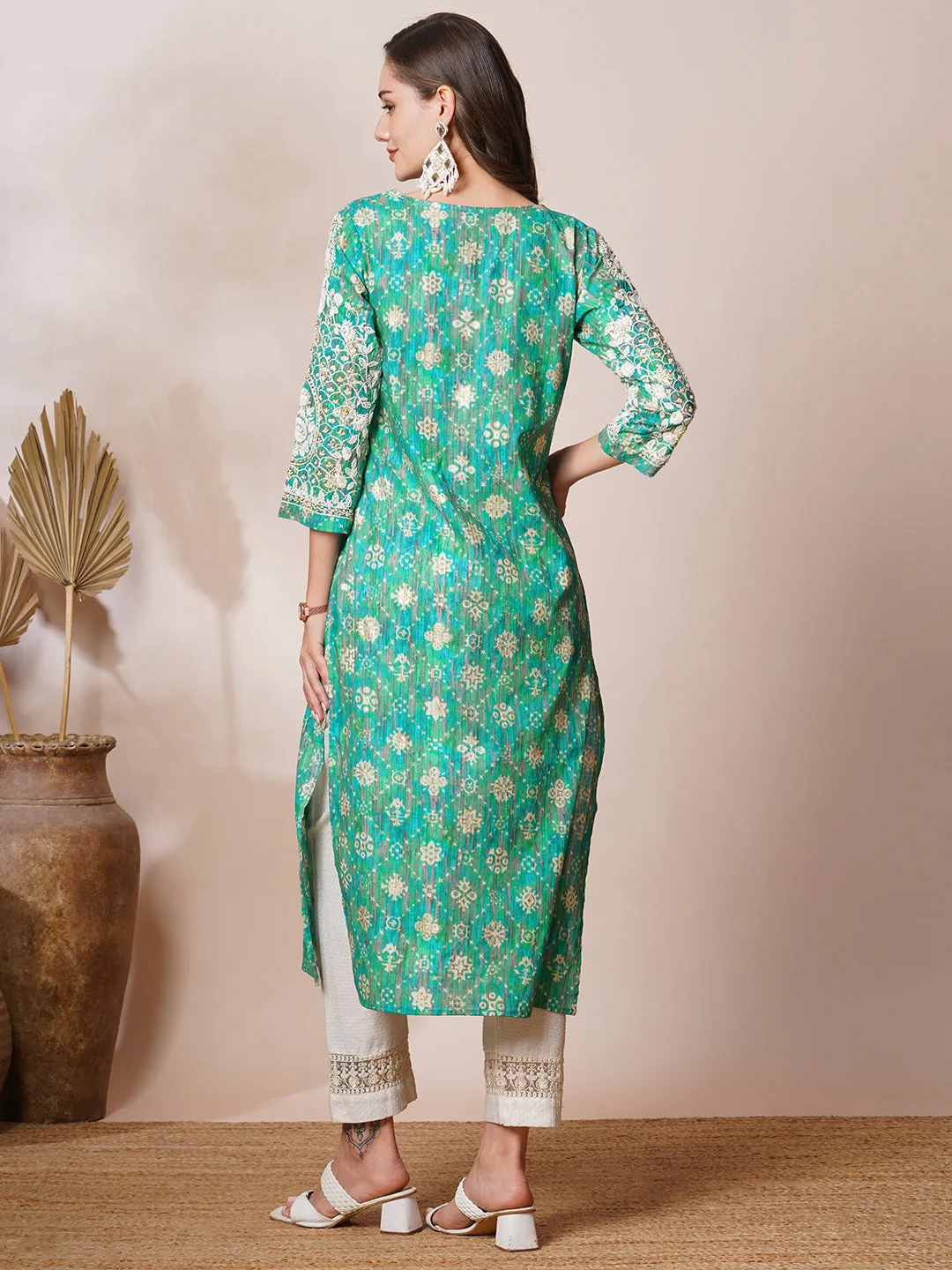 Chikankari Embroidered & Ethnic Foil Printed Straight Fit Kurta - Multi