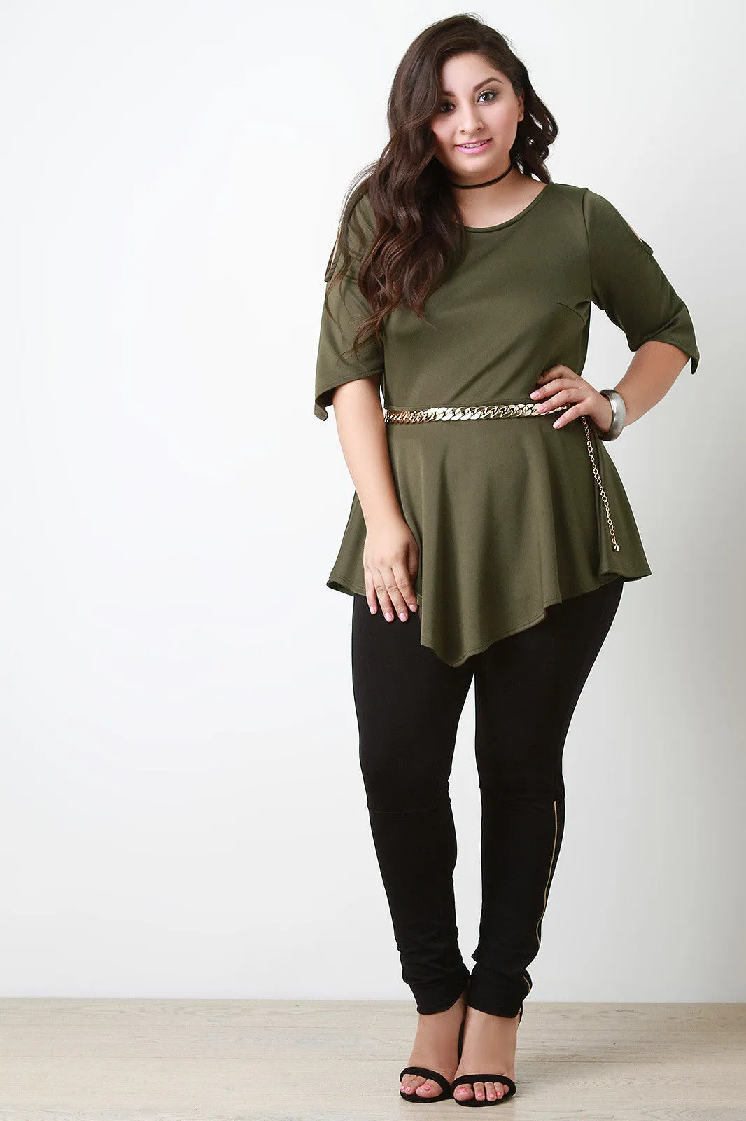 Cold Shoulder Peplum Chain Belted Top