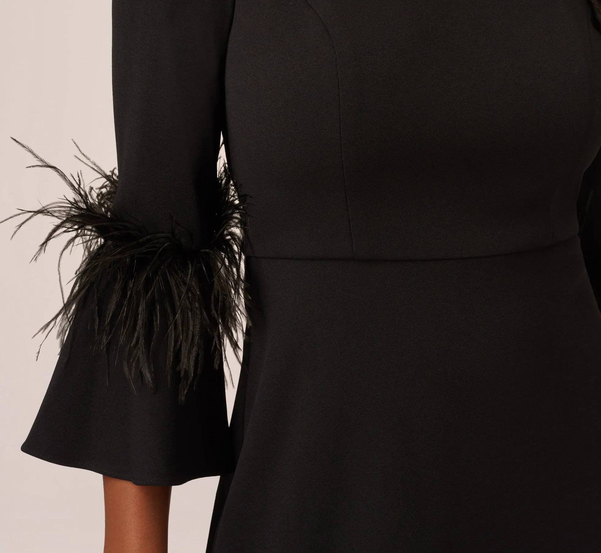 Crepe A-Line Dress With Feather-Trimmed Sleeves In Black