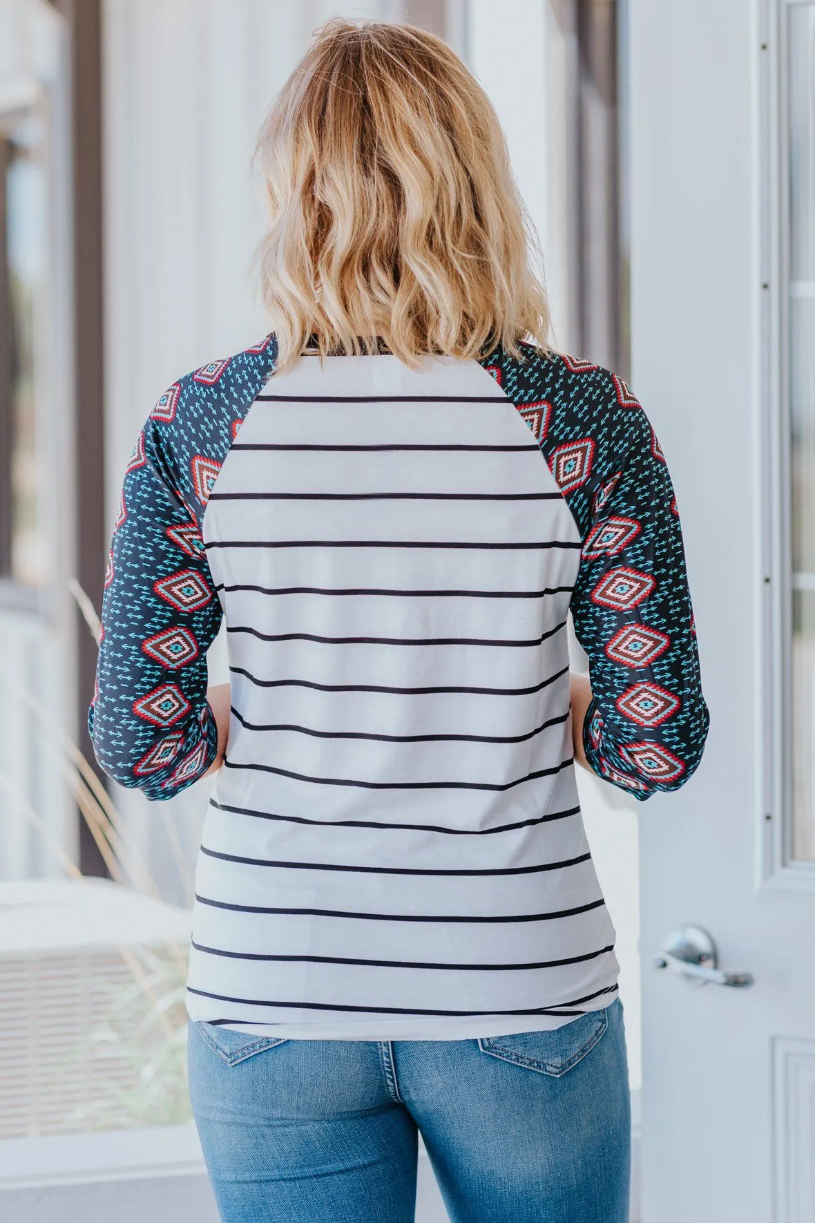 Dance in the Dust Aztec and Arrow Print Striped 3/4 Sleeve Top in White