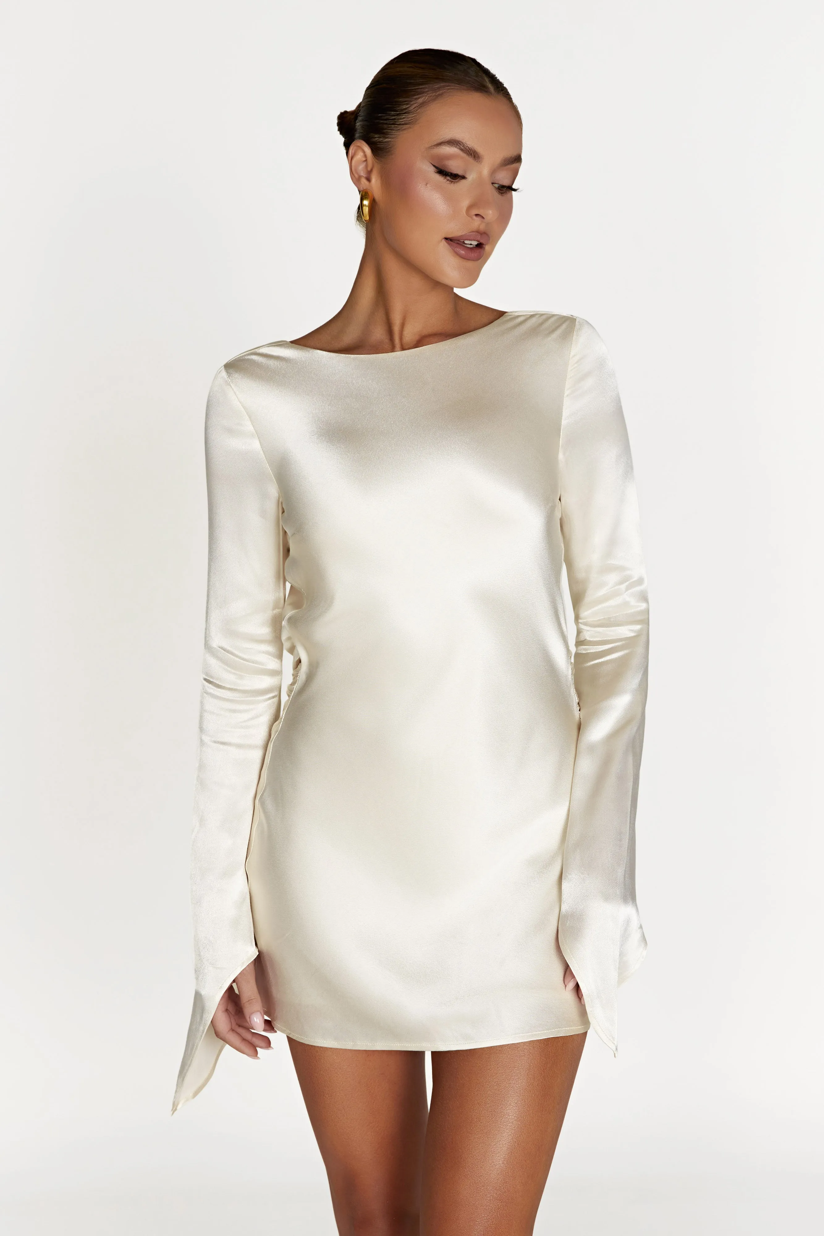 Davina Satin Long Sleeve Mini Dress - Ivory