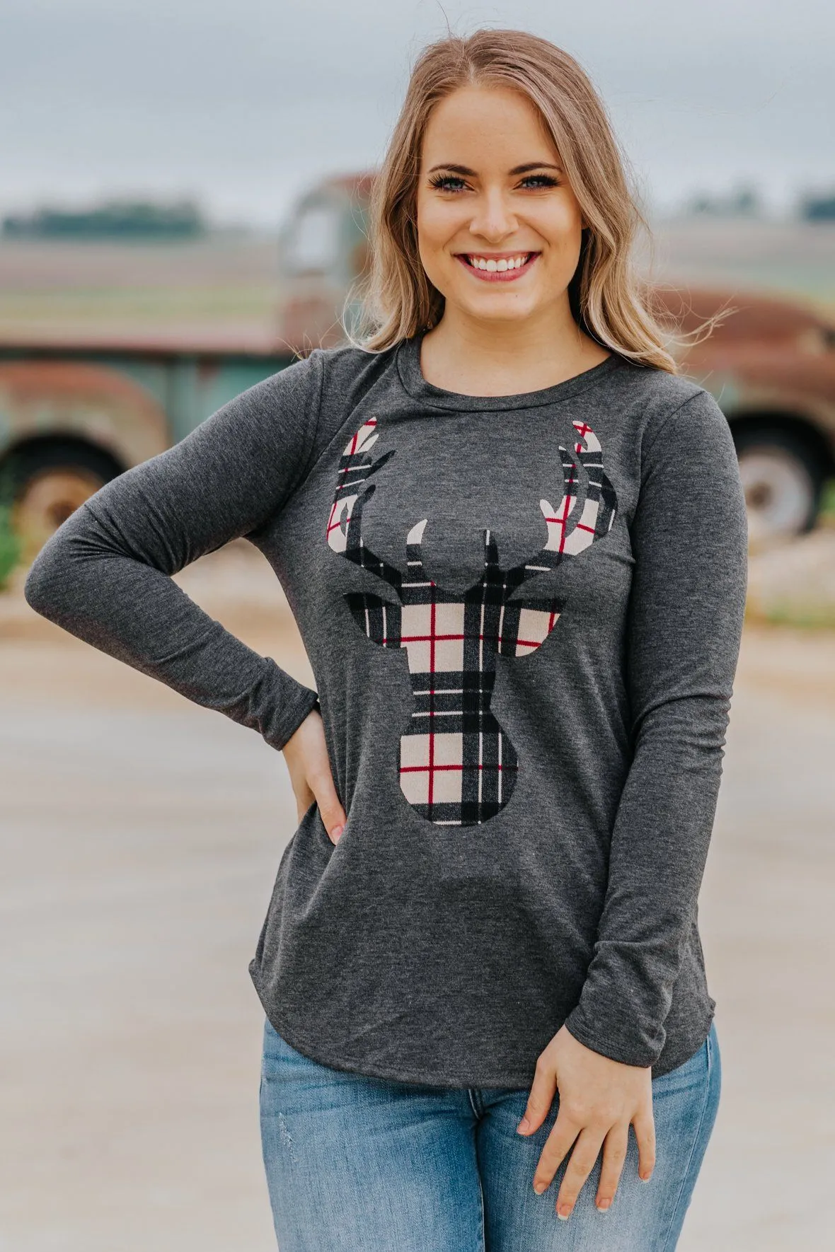 *DEAL* Hello Holidays Plaid Deer Long Sleeve Top in Charcoal