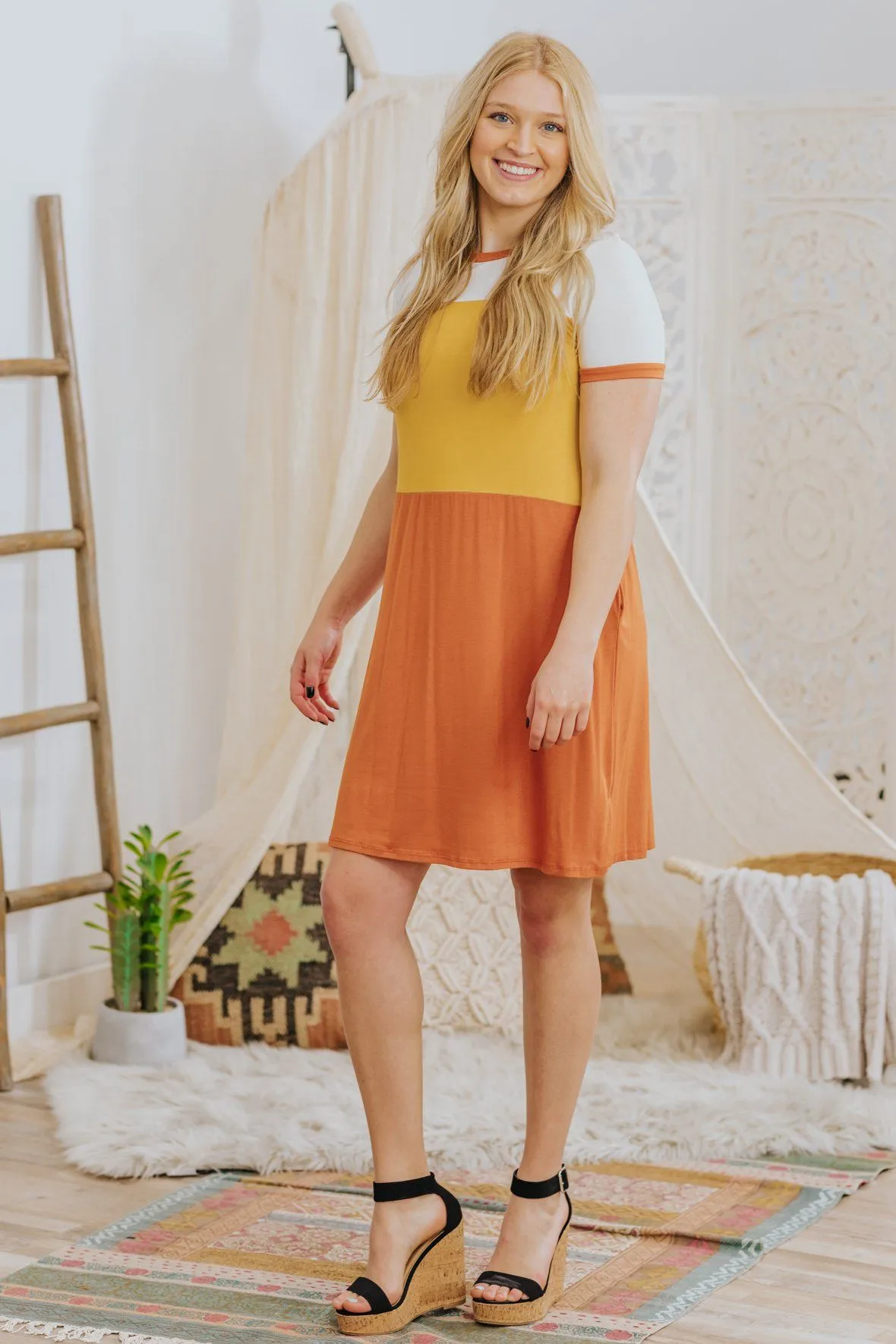 *DEAL* When The Sun Shines Color Block Pockets Dress in Mustard Burnt Orange