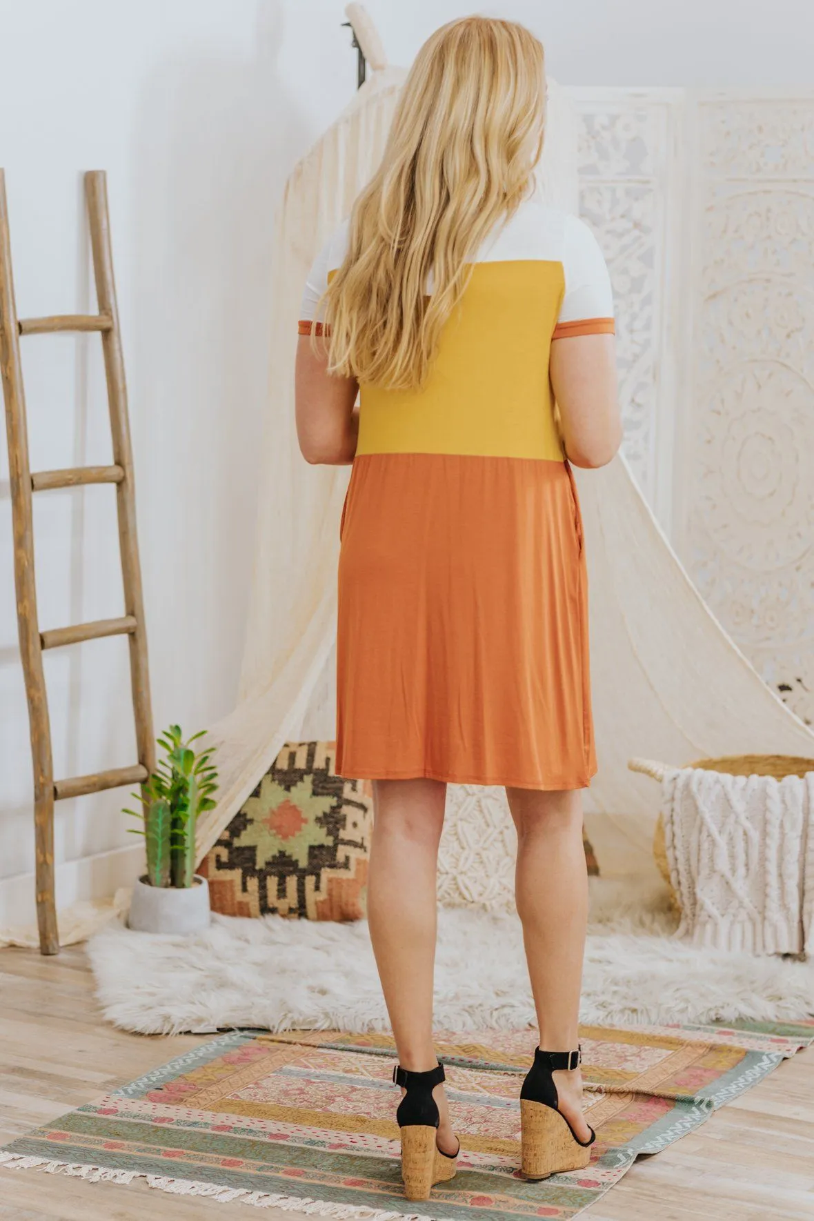 *DEAL* When The Sun Shines Color Block Pockets Dress in Mustard Burnt Orange