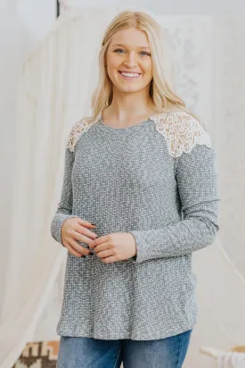 *DEAL* Your Own Mantra Crochet Shoulder Detail Long Sleeve Top in Dusty Blue