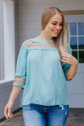 Done Up For Me Crochet Cutout Top in Aqua Blue